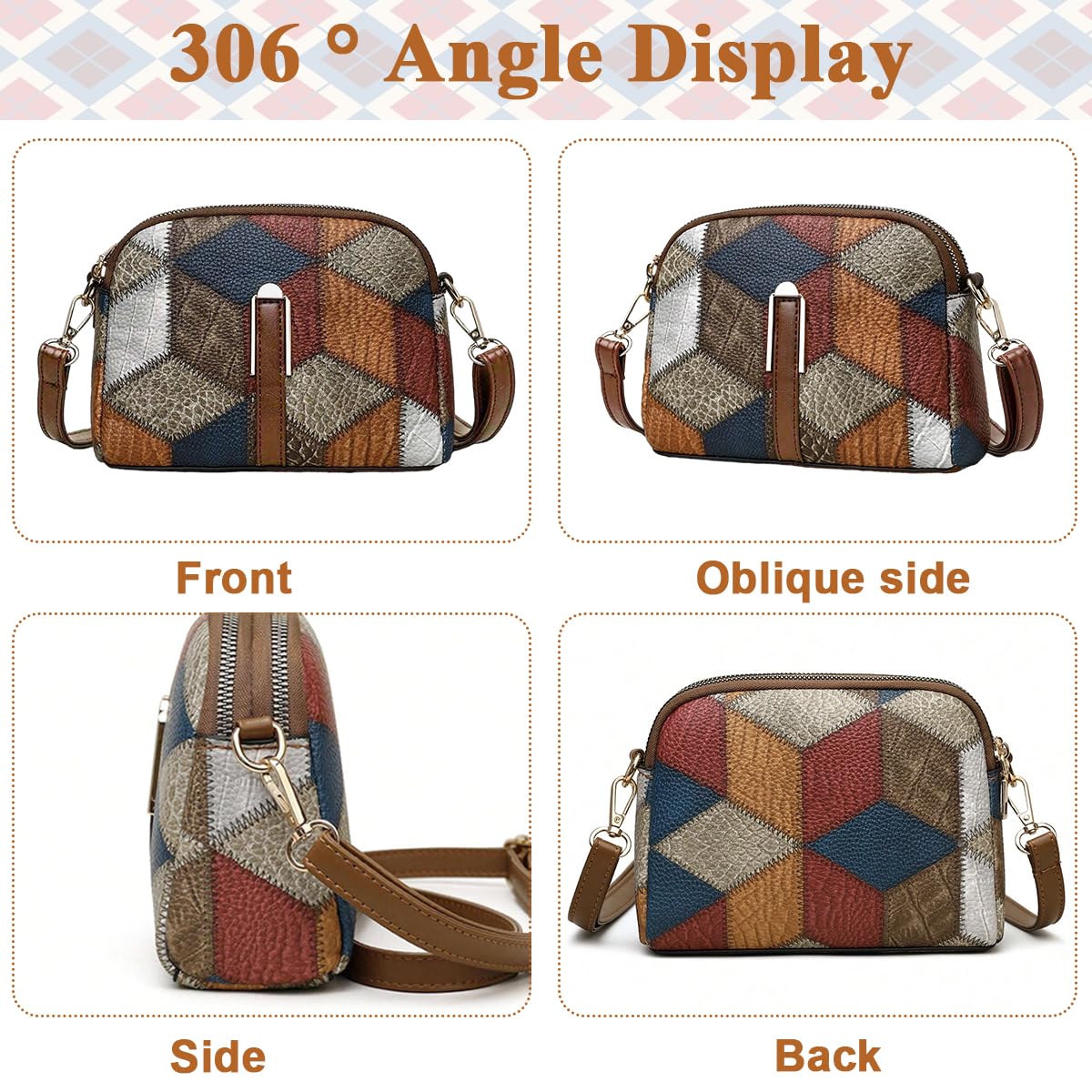 PALAY® Women Mini Colorblock Crossbody Bag, Retro Rhombus Pattern Purse, Fashion Shoulder Bag, Multicolor