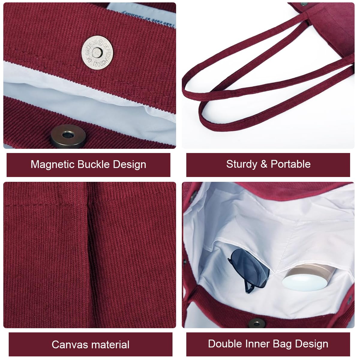 PALAY Tote Bag for Women featuring Reinforced Handles and Corduroy Fabric in Burgundy | 2PCS Set