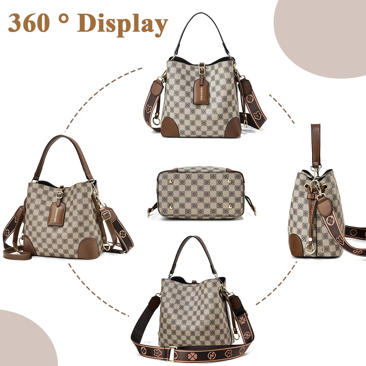 PALAY Bucket Bag for Women with Detachable Shoulder Strap and Belt Closure | 23x12x22 cm PU Fashion Check Pattern