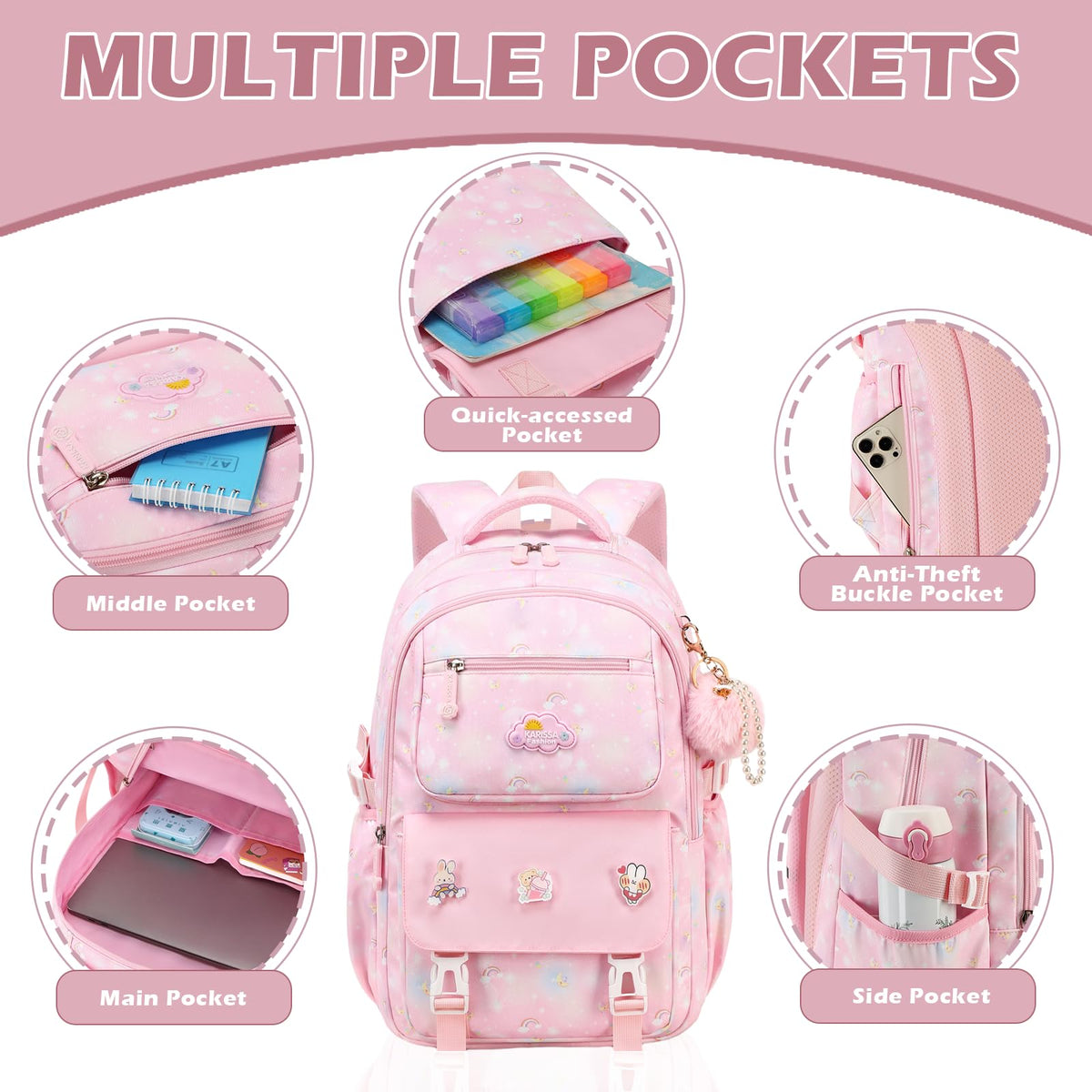 PALAY® School Backpack for Girls Cute Pink Cartoon Print Backpack Schoolgirls Travel Backpack 15.6 inches Waterproof Oxford Cloth Multi Compartment Backpack Birthday Gift Christmas Gift for Girls