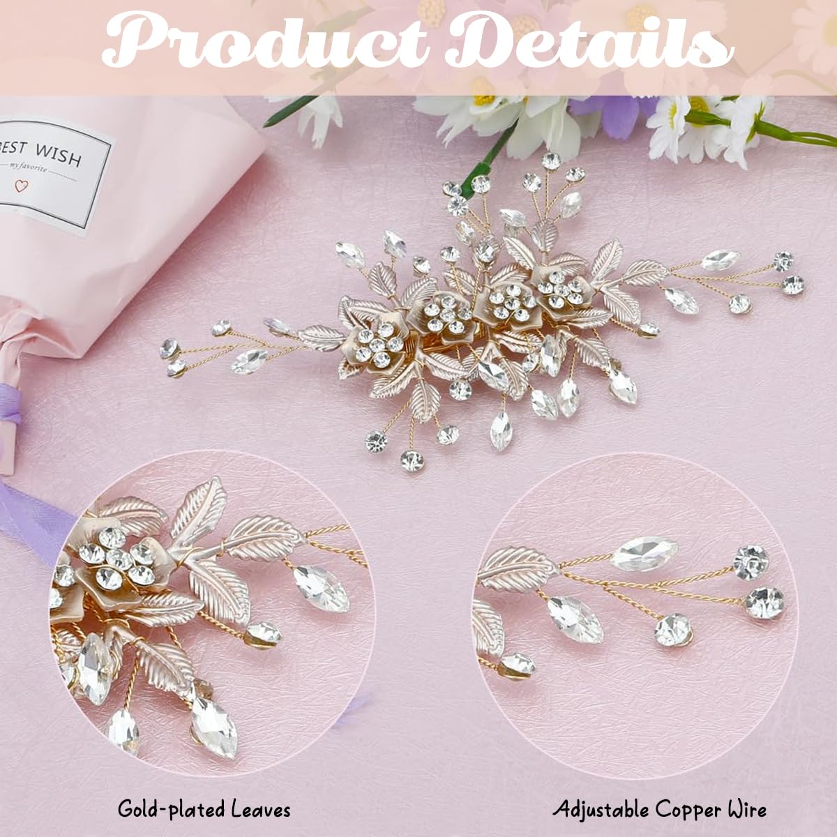 PALAY Flower Hair Clips for Weddings featuring Rhinestones and Metal Floral Design 2 PCS