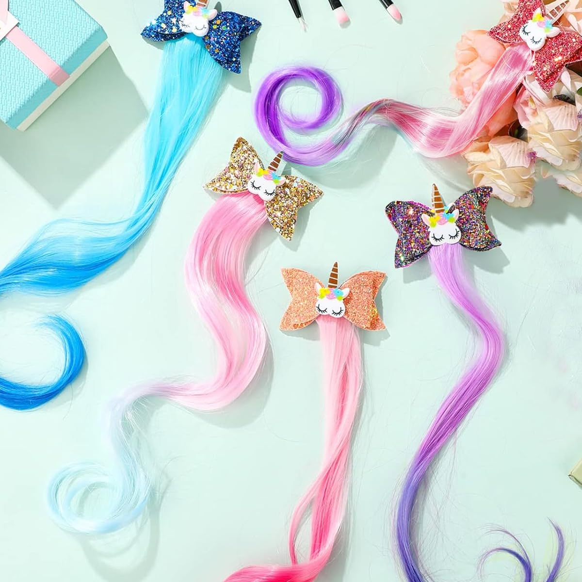 PALAY Unicorn Hair Extensions for Kids with Glitter Bows and Alligator Clips | 5Pcs Set