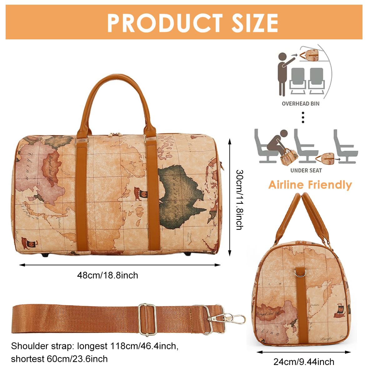 PALAY Tote Bag for Travel with 48x24x30cm Capacity featuring Removable Strap and Waterproof PU | World Map Retro Print