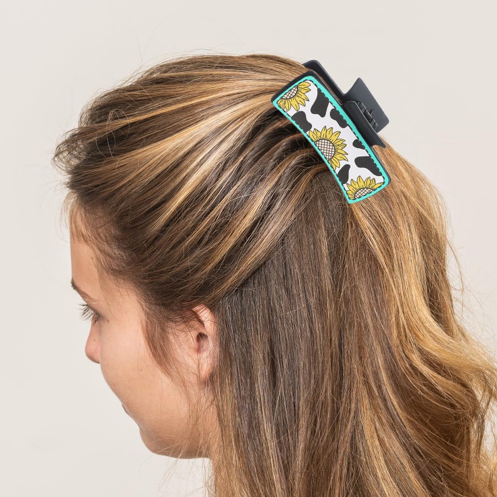 PALAY Hair Claw Clip for Women with Leather Sunflower Print and Secure Grip | Black 4 in