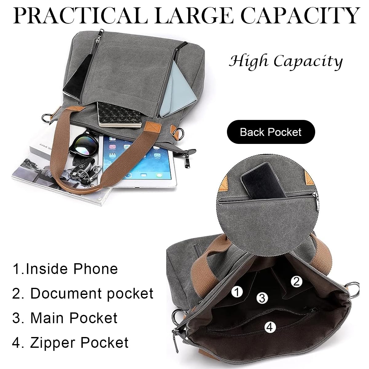 PALAY Handbag for Women featuring Detachable Strap and 35×12×32 cm Large Capacity Grey Canvas | Ideal for School and Work
