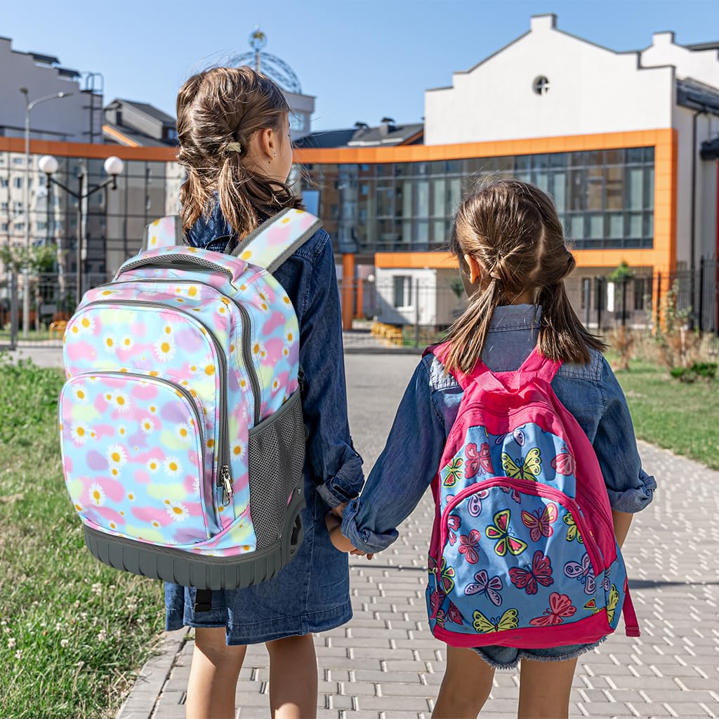 PALAY School Bag for Girls 18 in Rolling Backpack with Retractable T Bar Handle | Stylish Daisy Print