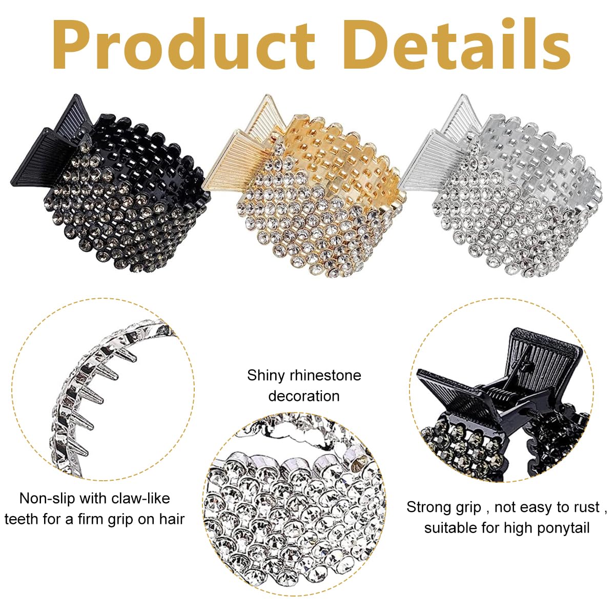 PALAY Hair Claw Clips for High Ponytail with Fishtail Handle and Rhinestones | 3Pcs Alloy Set