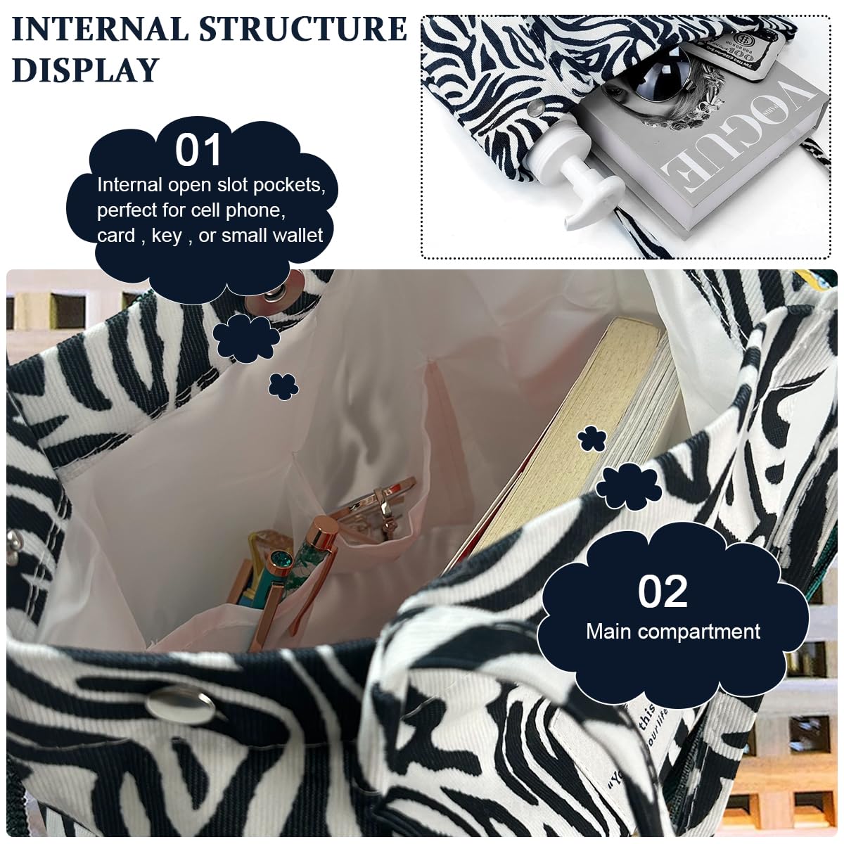 PALAY® Tote Bag Corduroy Fashion Zebra-stripe Print Color Hand Bag for Women Shoulder Bag for Shopping, Commuting, Shopping Bag, Large Grocery Bag