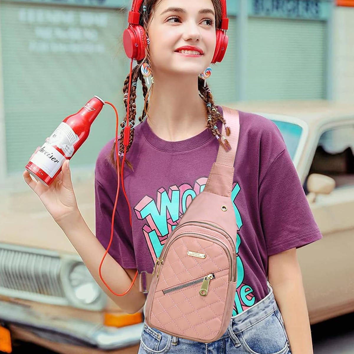 PALAY Crossbody Sling Bag for Women with 3 Zipper Pockets and Earphone Cable Hole | Pink Oxford Cloth Shoulder Bag 17x5x30cm