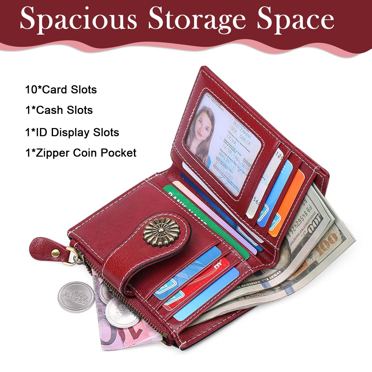 PALAY Small Wallet for Women with 10 Card Slots and Zipper Coin Pocket | PU Leather Red Purse