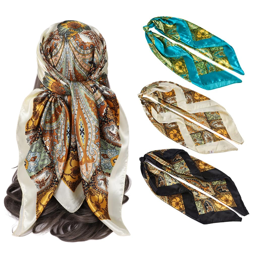 PALAY Silk Scarf for Women 3Pcs 35x35in Set with Satin Fabric and Fashion Prints | Gift Idea