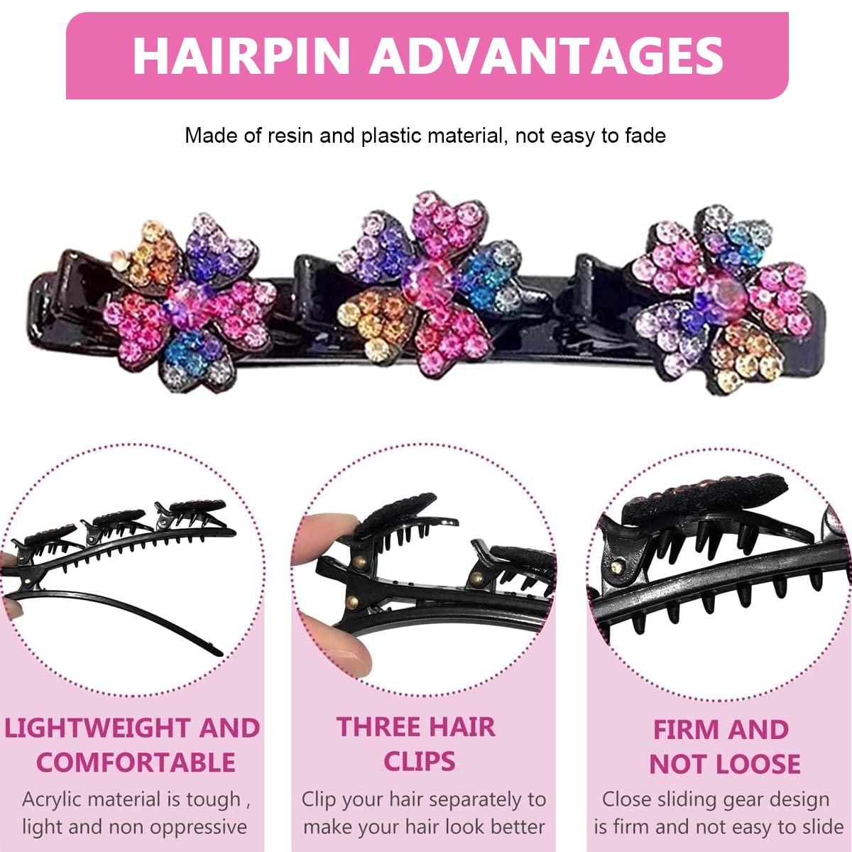 PALAY Sparkling Braided Hair Clips for Girls with Crystal Stones and Metal Spring | 4Pcs Multi Color Styling Accessories