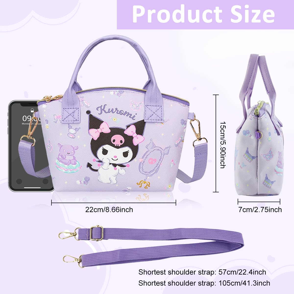 PALAY® Kawaii Handbag for Girls Cartoon Purple Kuromi Mini Tote Handbag with Shoulder Strap Girls Mini PU Crossbody Handbag Purse Kuromi Tote Bag Gift Handbag for Girls, 16x7x22cm
