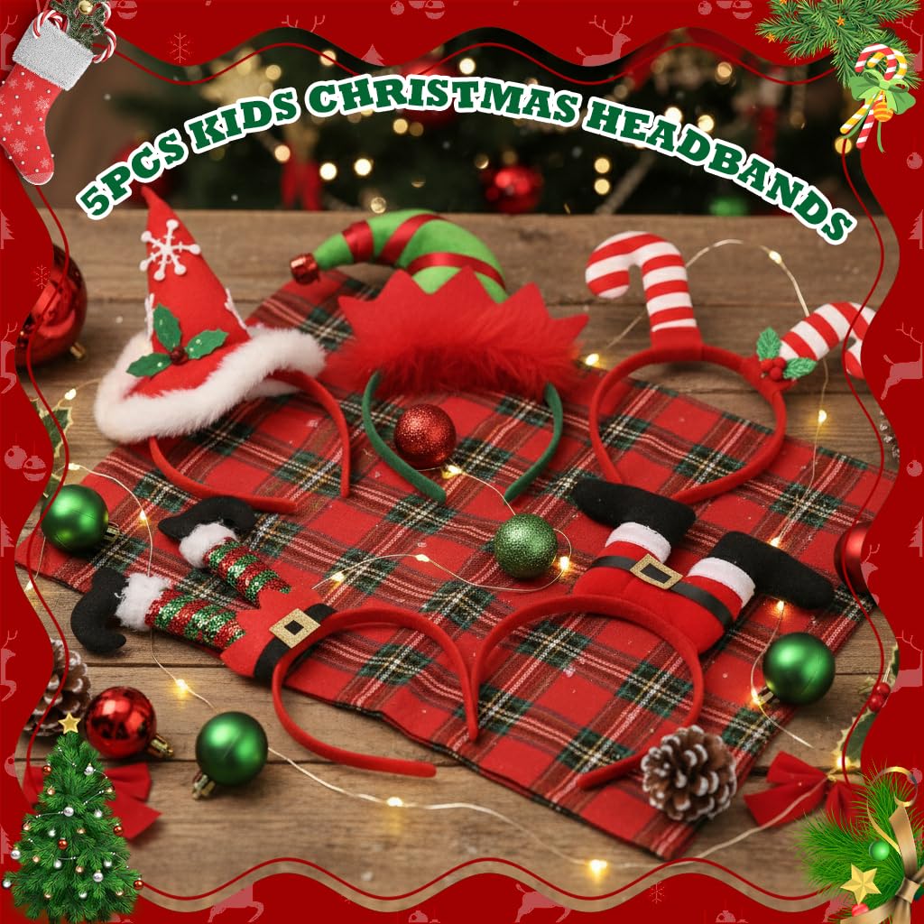 PALAY Christmas Headbands for Holiday Parties with Elf and Santa Designs 5Pcs Set