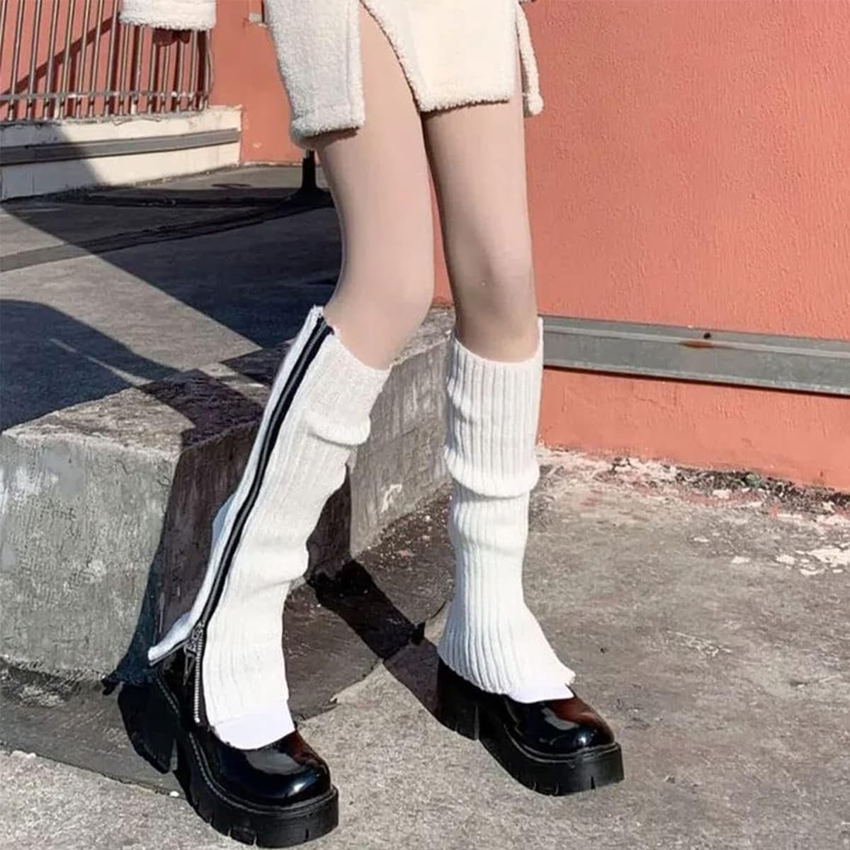 PALAY Women Knitted Leg Warmers 15.7 in for Winter Fashion featuring Zip Up Design and White Acrylic Style