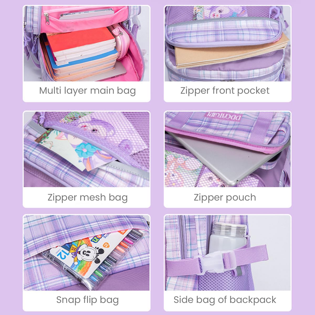 PALAY® School Bag for Girls Kids Stylish Waterproof Cartoon Design Girls School Bag Large Capacity School Backpack for Girls Gift School Bag for Girls (6-12 Years Old) - Purple