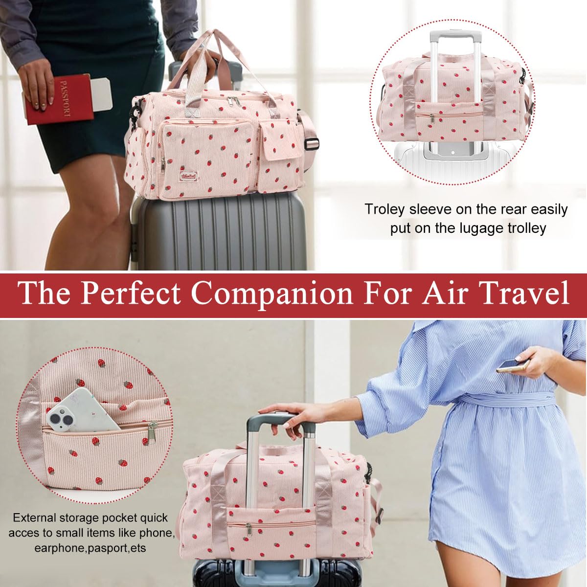 PALAY Women Duffle Bag for Gym and Travel with Shoe Compartment 48x24x27cm Corduroy Pink