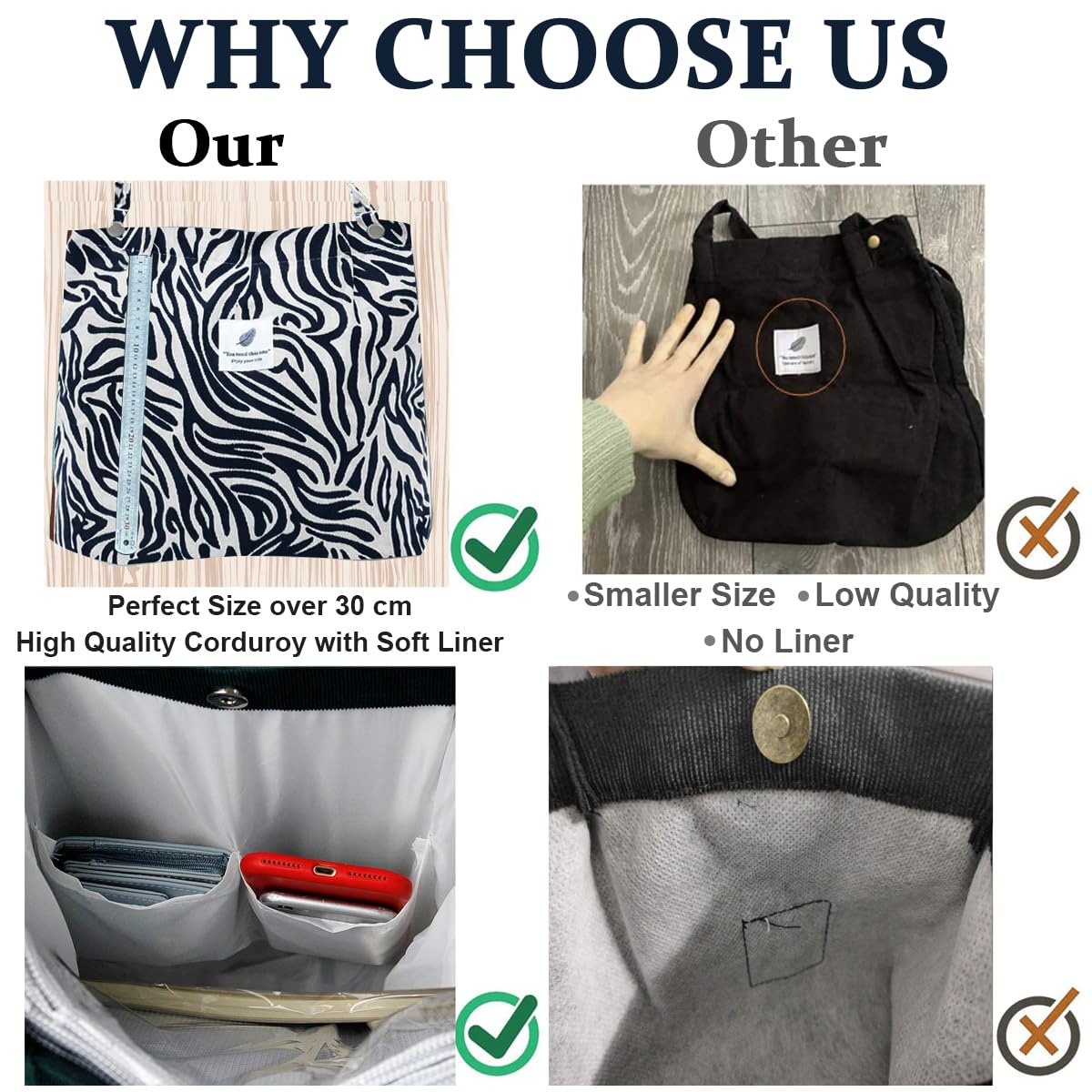PALAY® Tote Bag Corduroy Fashion Zebra-stripe Print Color Hand Bag for Women Shoulder Bag for Shopping, Commuting, Shopping Bag, Large Grocery Bag
