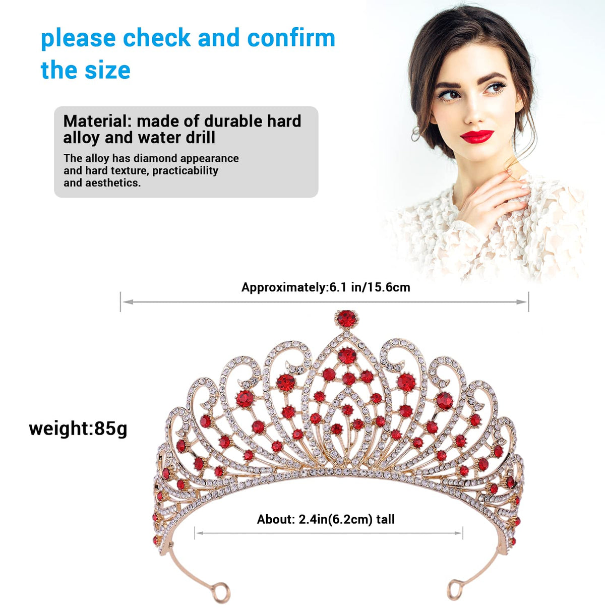 PALAY® Women's Crown Tiara Crown Crystal Princess Crown Tiara Parties Crown for Ladies Girls Bride Hair Accessories (Red)