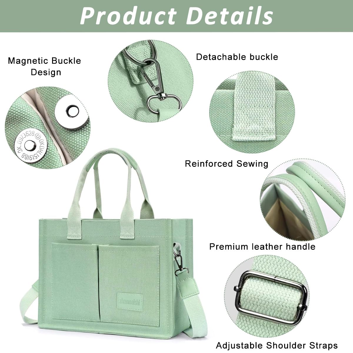 PALAY Tote Bag for Women with Multi Pocket Layout and Removable Shoulder Strap | Mint Green Canvas