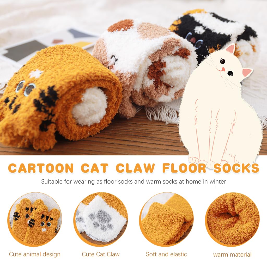 PALAY® 5 Pairs Winter Floor Socks for Women Girls Soft Warm Coral Fleece Socks Cartoon Cat Claw Overankle Socks Winter Home Warm Socks Home Floor Socks Christmas Gift for Girls