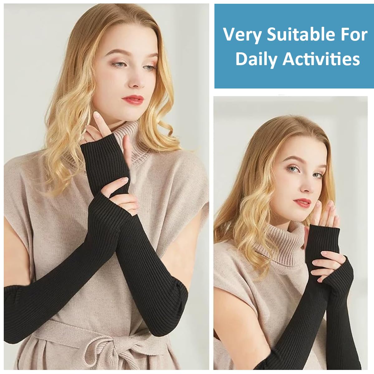 PALAY Arm Warmers for Women with 50cm Long Fingerless Design | Black Knit 3PCS Set