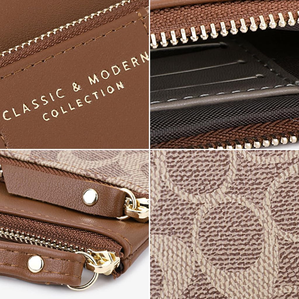 PALAY Women's Wristlet Clutch Wallet with Zipper Pouches and Hand Strap | PU Brown 18.7x11cm