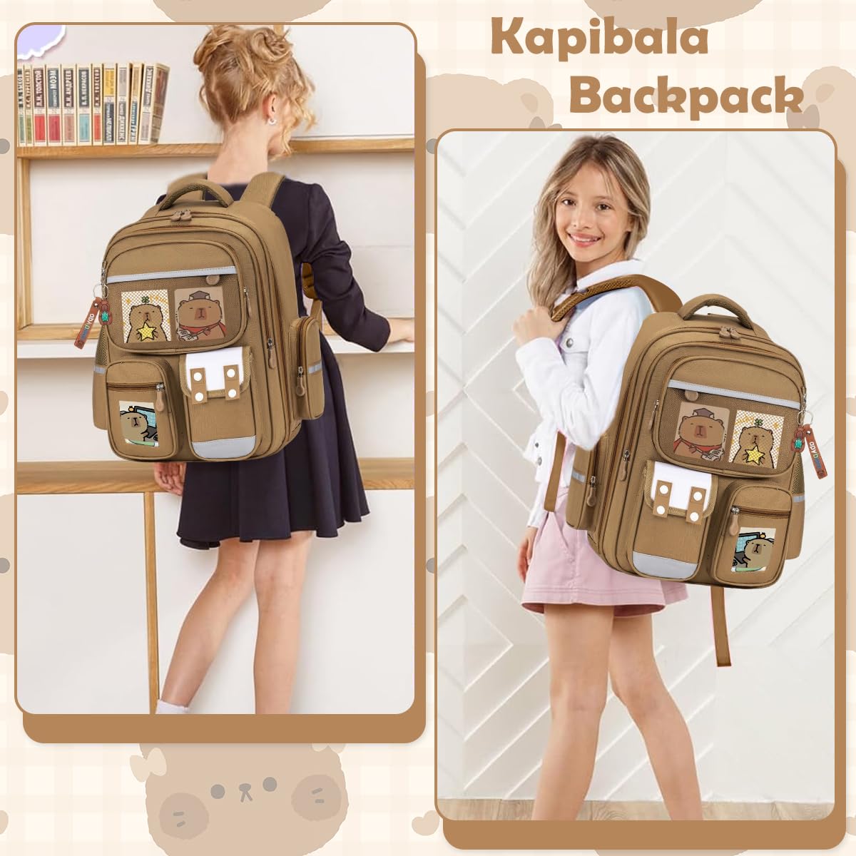 PALAY® Capybara Backpack with 6 Badges & Capybara Post Cards, Cute Bag Charm, Kawaii Multi Compartment School Backpack for Girls