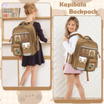 PALAY® Capybara Backpack with 6 Badges & Capybara Post Cards, Cute Bag Charm, Kawaii Multi Compartment School Backpack for Girls