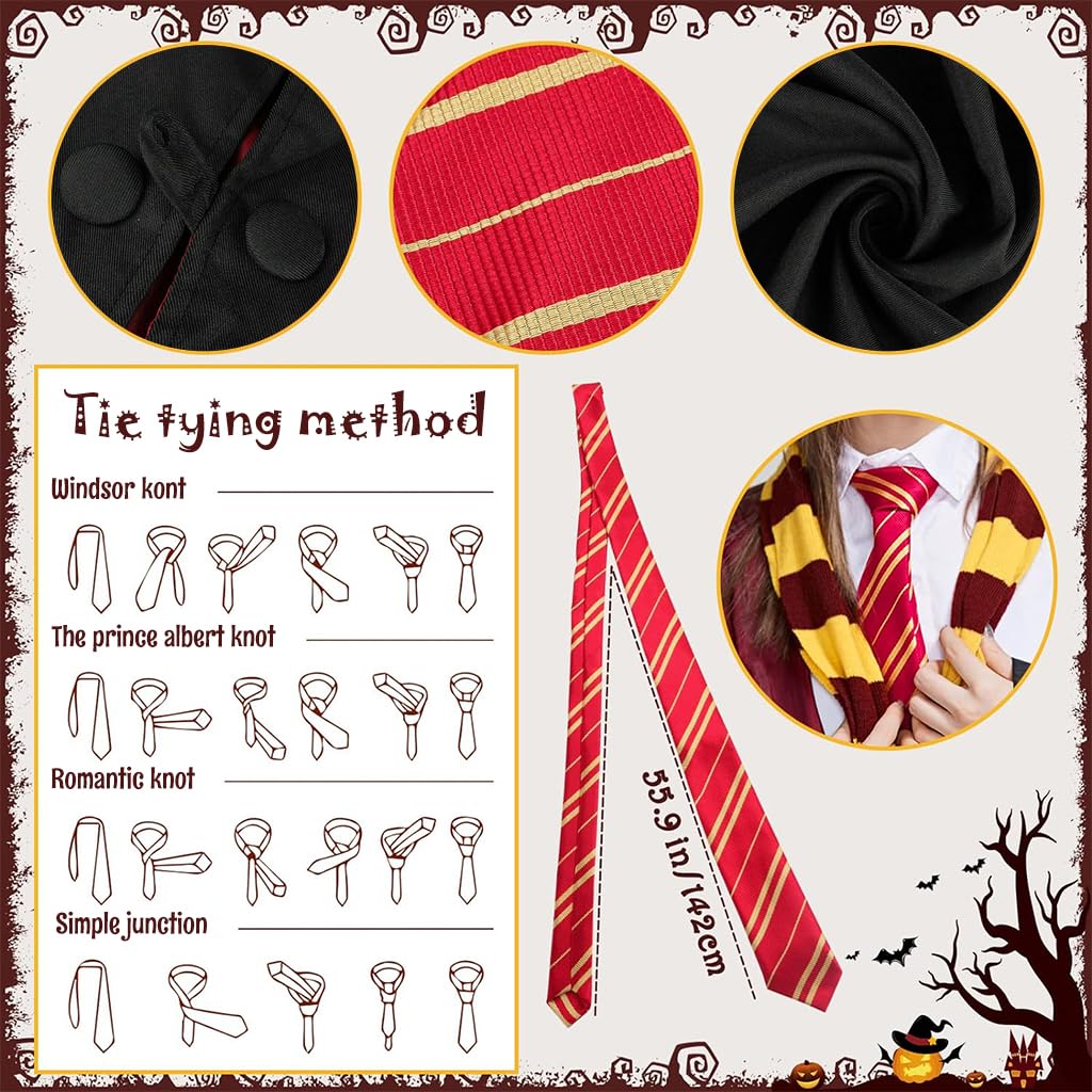 PALAY® Gryffindor Costume Set Halloween Costume Set of 5Pcs Magic Harry Pottery Costume Set with Glasses, Magic Wand, Robe, Scarf, Tie, Cosplay Costume For Kids 125-135 cm