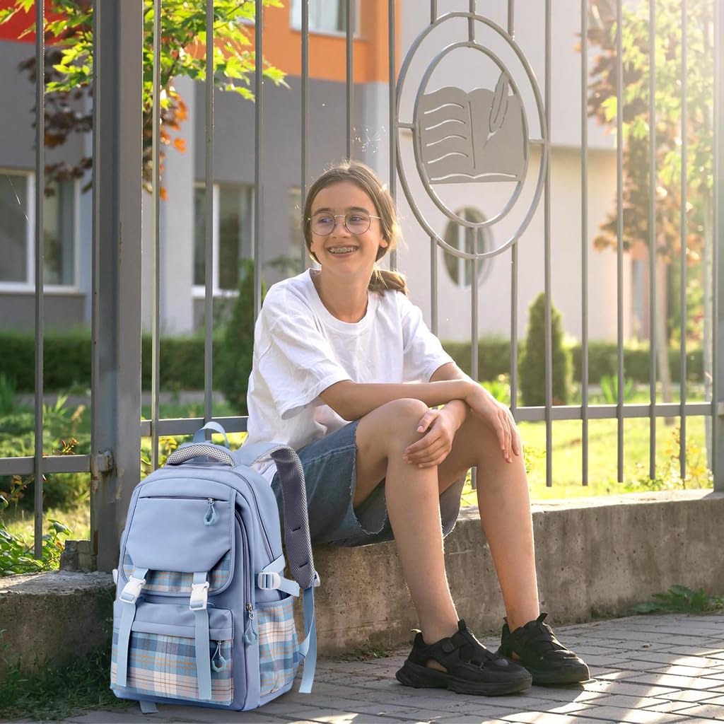PALAY® School Backpack Fashion School Backpack for Girls Multi Compartments Blue Plaid Backpack Padded Handle & Shoulder Straps Burden-relief School BackpackTravel Backpack School Gifts for Girls