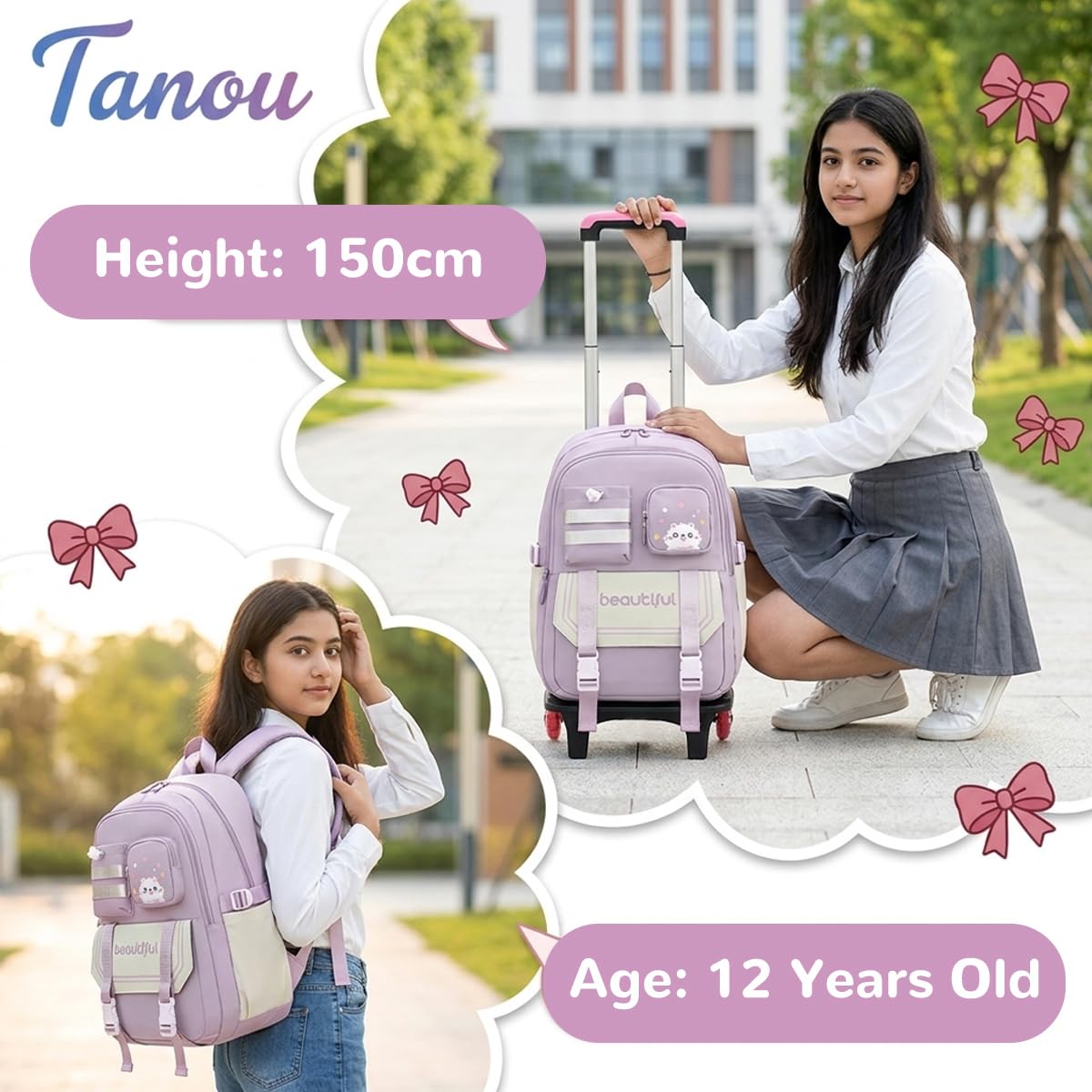 PALAY Pink Cat Trolley School Backpack with Wheels 2-in-1 Rolling School Bag