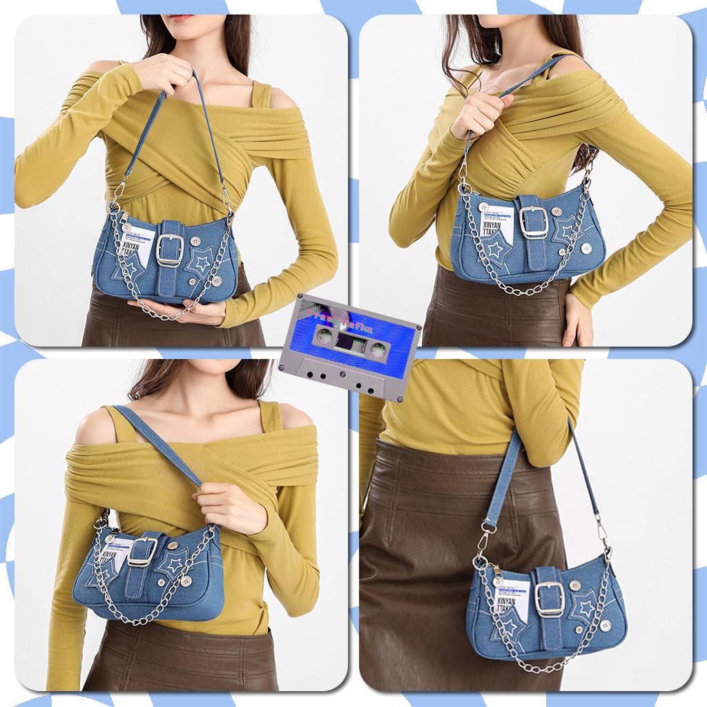 PALAY Shoulder Bag for Girls featuring 23x7x13cm compact design with chain strap and zipper closure | Blue Canvas Handbag