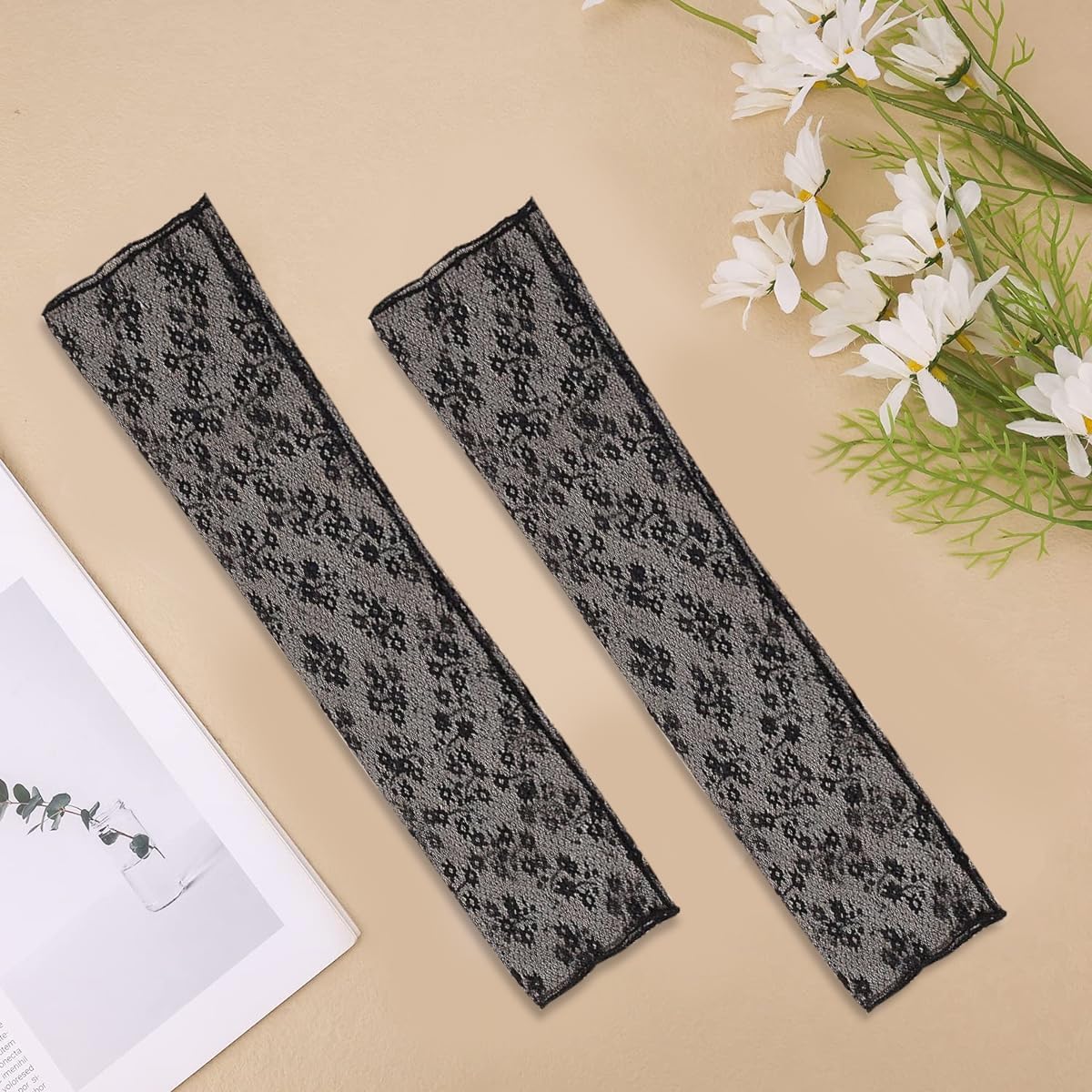 PALAY Lace Gloves for Women with Elegant Floral Mesh Design and 15.6 in Arm Length | Black Fingerless Bridal Accessory