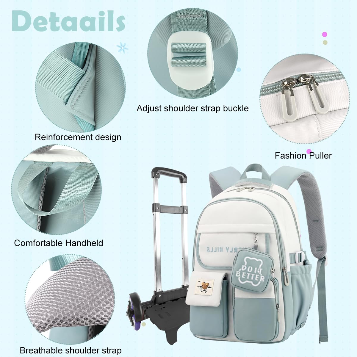 PALAY School Backpack for Girls with Wheels featuring 6‑Wheel Trolley & Retractable Handle