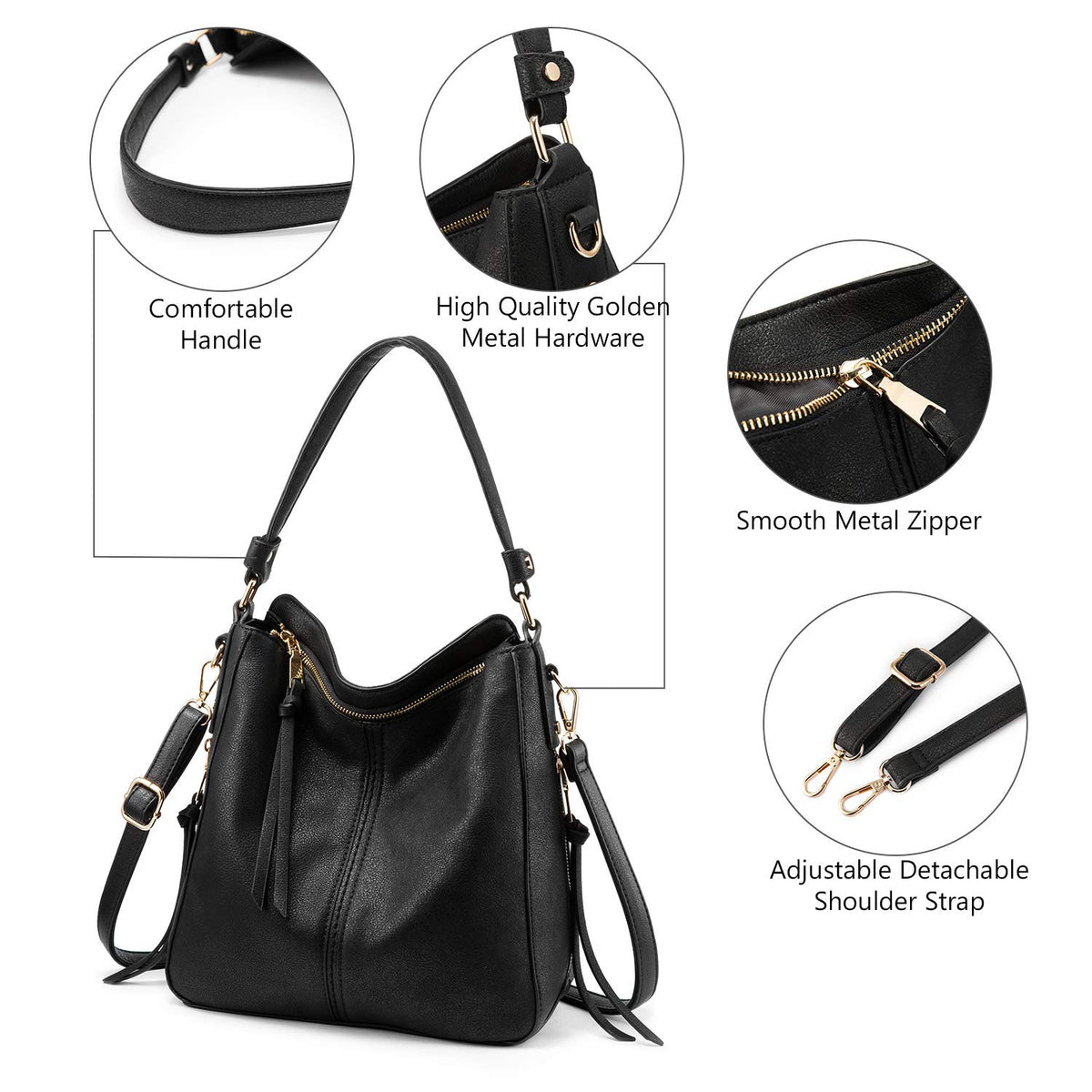 PALAY® Solid Color Handbag for Lady Girl with Fashion Faux Leather Classic Shoulder Crossbody Bags- Black