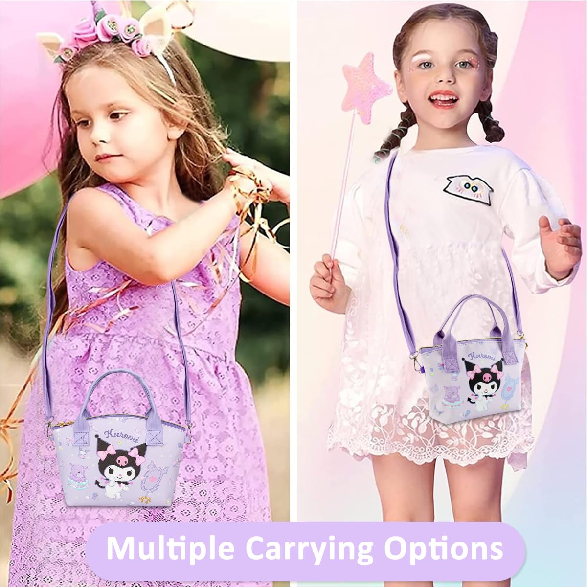 PALAY® Kawaii Handbag for Girls Cartoon Purple Kuromi Mini Tote Handbag with Shoulder Strap Girls Mini PU Crossbody Handbag Purse Kuromi Tote Bag Gift Handbag for Girls, 16x7x22cm