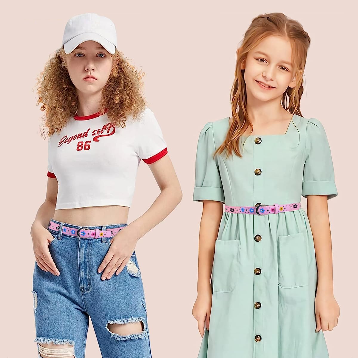 PALAY Girls Belt for Jeans and Dresses with Flower Hollow Cut Design 92cm PU Leather | 2 Pack