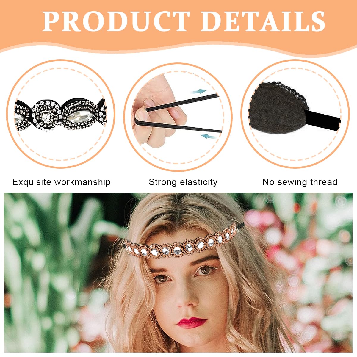 PALAY Beaded Headband for Women featuring Crystal Rhinestones and Elastic Strap | Set of 2