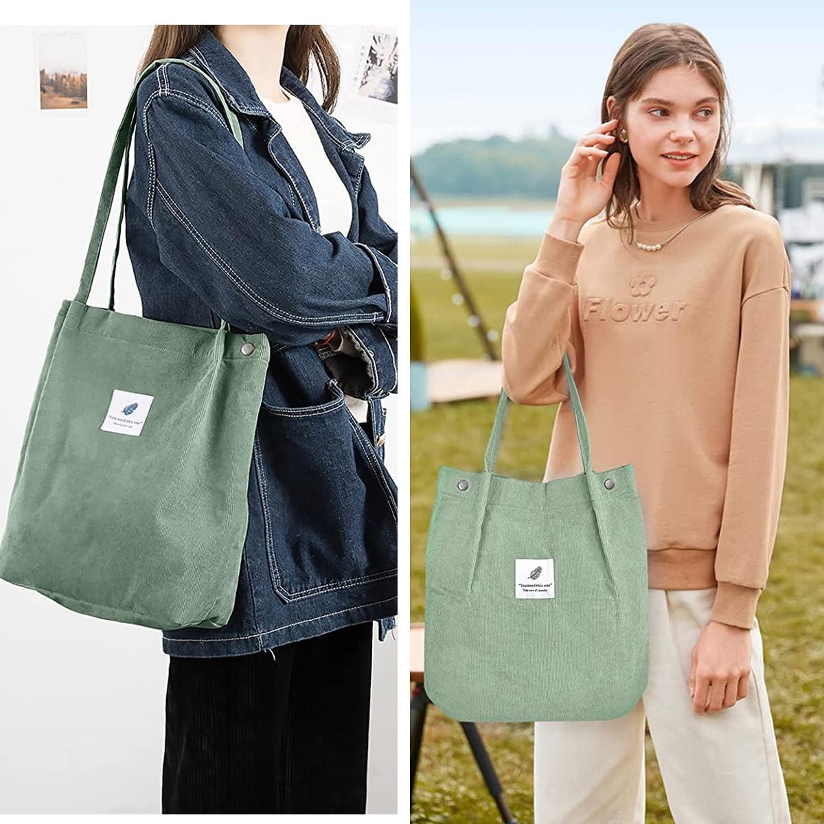 PALAY Tote Bags for Women with Reinforced Handles and L39xW12xH35cm Large Capacity | Green Corduroy Shoulder Bag for Work School and Travel