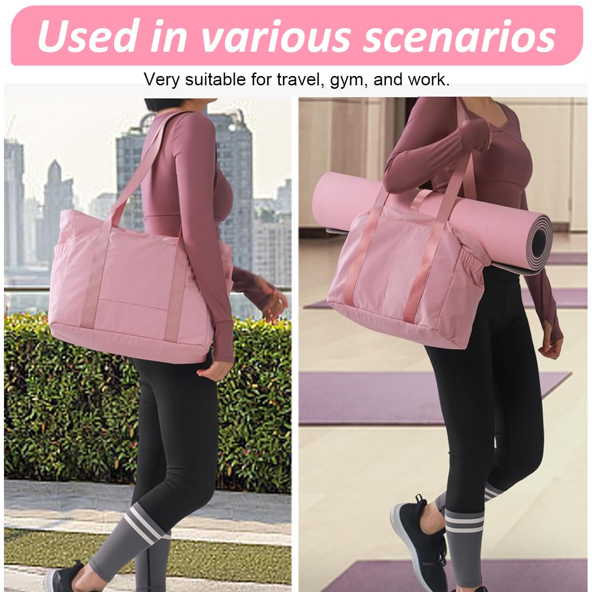 PALAY® Casual Shoulder Bag Hand Bag with Zip-up Closure Tote Bag for Women Fashion Pink Nylon Gym Bag with Yoga Mat Buckle Fashion Lightweight Carry On Bag for Fitness, Travel, Work, 39x15.5x31cm