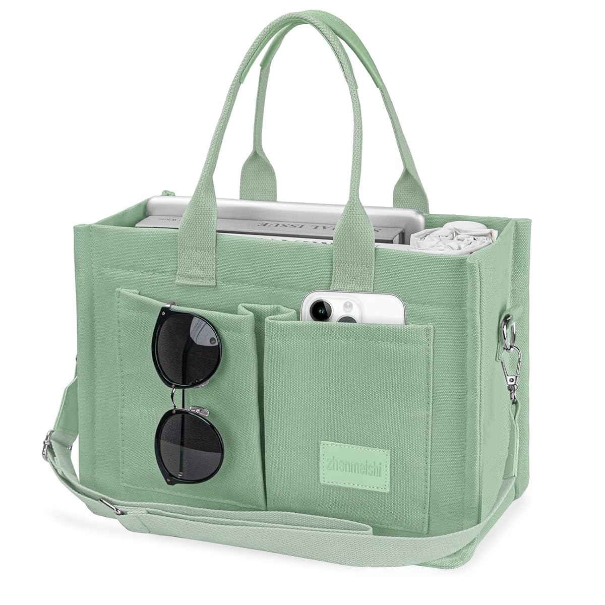PALAY Tote Bag for Women with Multi Pocket Layout and Removable Shoulder Strap | Mint Green Canvas