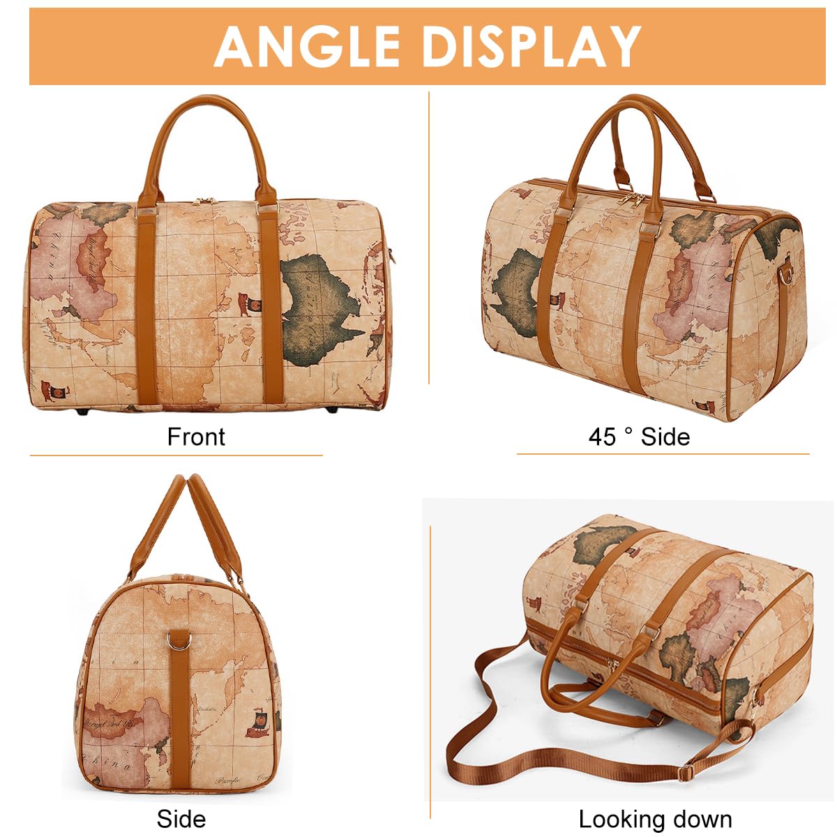 PALAY Tote Bag for Travel with 48x24x30cm Capacity featuring Removable Strap and Waterproof PU | World Map Retro Print