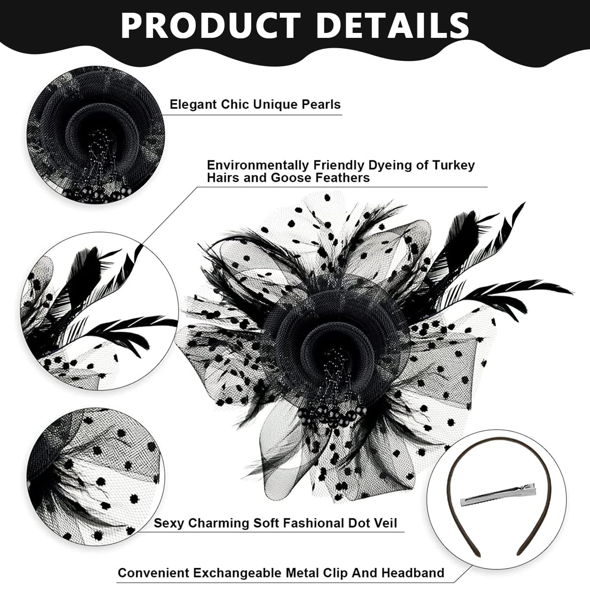 PALAY Fascinator Hats for Women with Mesh Feathers and Pearl Flower | Vintage Tea Party Headwear