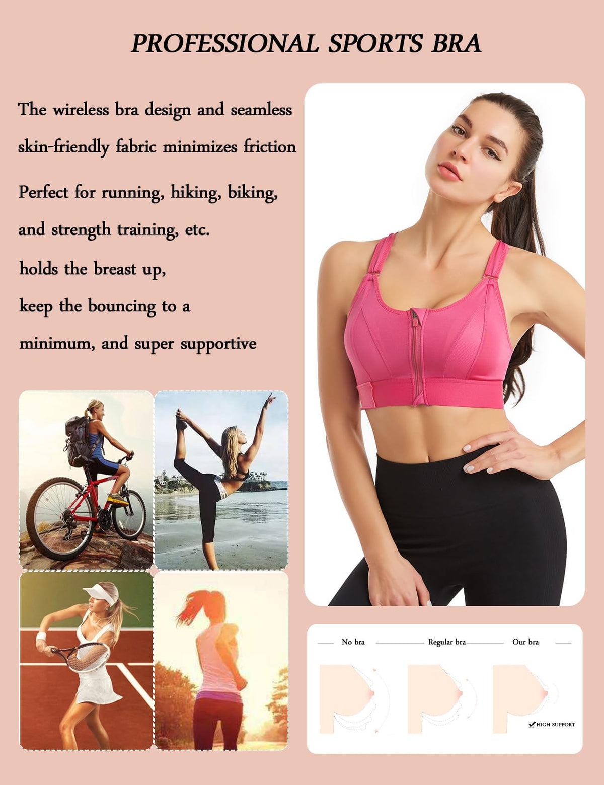 PALAY® Sports Bra Women Zip-up Sports Bra for High-impact Activities One Piece Breast Pads Adjustable Sports Bra Fashion RacerbackSports Bra for Running, Cycling, Aerobics, Boxing, L, Pink