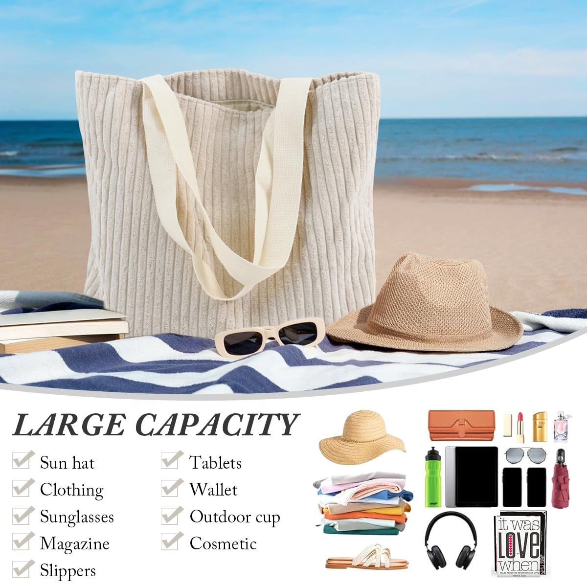 PALAY Corduroy Tote Bag for Everyday Use with Zipper and Nylon Straps 37x10x34cm Beige