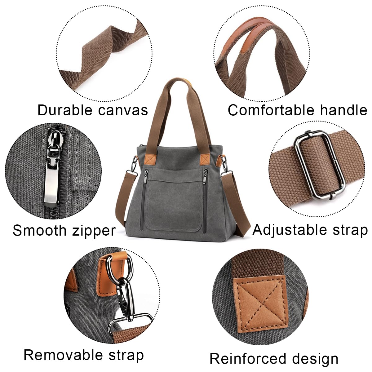 PALAY Handbag for Women featuring Detachable Strap and 35×12×32 cm Large Capacity Grey Canvas | Ideal for School and Work