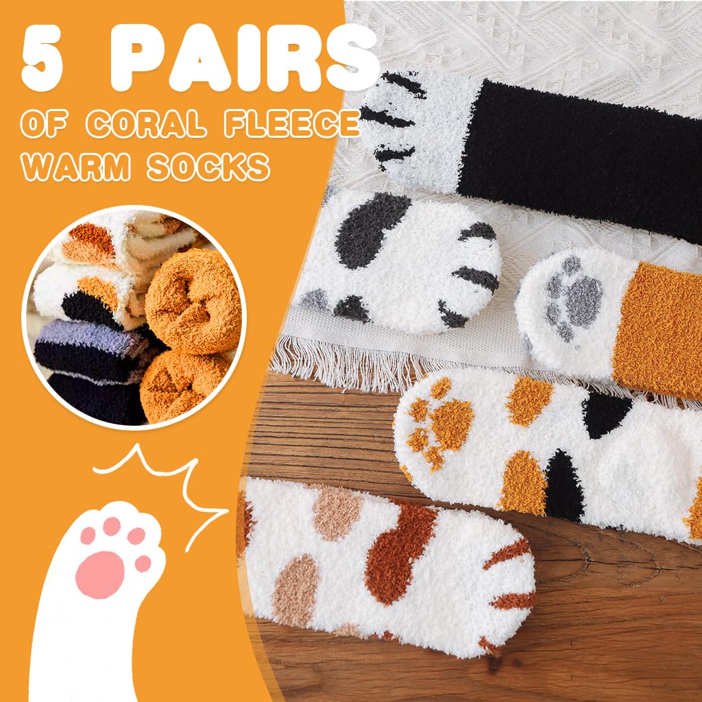 PALAY® 5 Pairs Winter Floor Socks for Women Girls Soft Warm Coral Fleece Socks Cartoon Cat Claw Overankle Socks Winter Home Warm Socks Home Floor Socks Christmas Gift for Girls