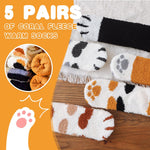 PALAY® 5 Pairs Winter Floor Socks for Women Girls Soft Warm Coral Fleece Socks Cartoon Cat Claw Overankle Socks Winter Home Warm Socks Home Floor Socks Christmas Gift for Girls
