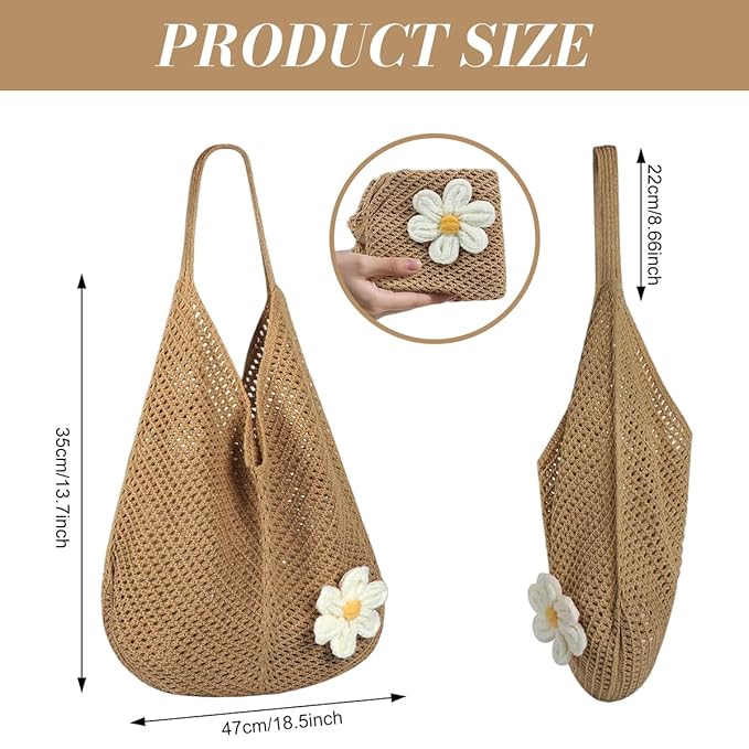 PALAY Crochet Mesh Beach Bag with Flower Brooch Knit Tote